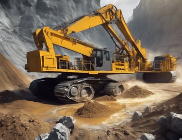 yellow heavy equipment filled with stone by back-hoe