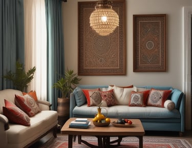 An interior scene featuring a variety of artistic and design elements. A large woven tapestry with fringes is mounted on a textured wall. Below it, a minimalist concrete console table with arched compartments holds several cylindrical and rectangular decorative objects. The ambient lighting is warm, contributing to a cozy atmosphere.