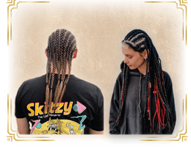 a man and woman with cornrows
