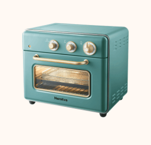 A retro-style teal toaster oven with three round dials and a glass door.