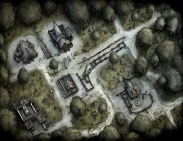 battlemap d'une vieille ville, post-apocalyptique, d'un ranch