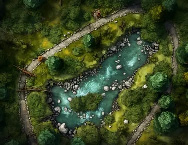 Battle map, sentier autour du lac au cœur de la forêt 