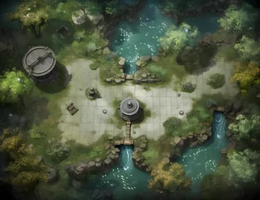 un petit étang entouré d'arbres et d'une fontaine, battlemap