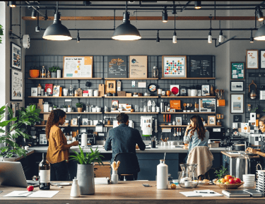 People sitting at a bar in a small business.