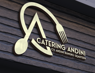 Mockup logo Catering Andini pada papan restoran elegan