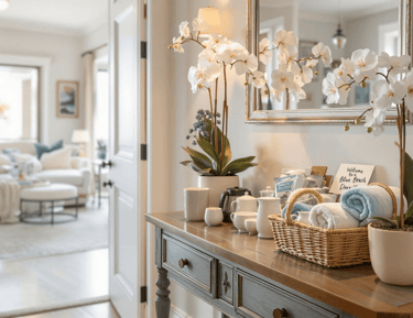 Calm, coastal‑style living area with plush seating, soft lighting, and thoughtful touches.