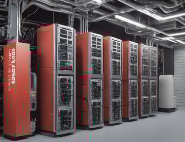 Innovative, large solar panel structures designed like futuristic trees, situated in a landscaped area with various plants and a pathway. The scene includes people walking, and the architecture emphasizes a modern, sustainable design.