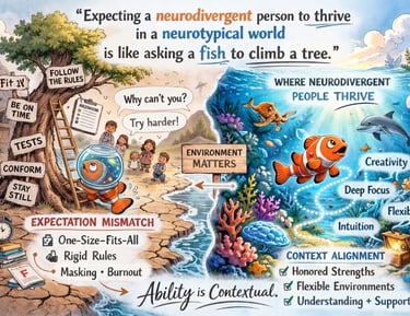 "Two-panel illustration showing a fish unable to climb a tree on land, then thriving in ocean
