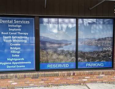 "Window sign with vibrant graphics.