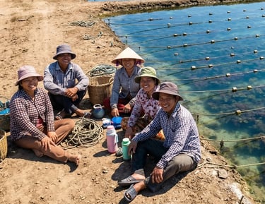 Indonesian farmers harvesting Gracilaria seaweed in Banten ponds, Indonesia