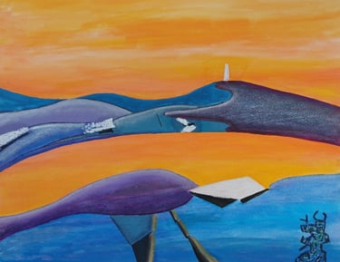 Bressay — blue-purple landforms against orange sky, Shetland island, acrylic, by Zanda