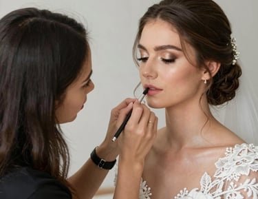 Elegant bridal makeup being applied with delicate brushes in a private room.