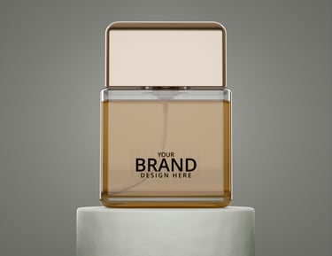 A rendering of a bottle of cologne with a clear label
