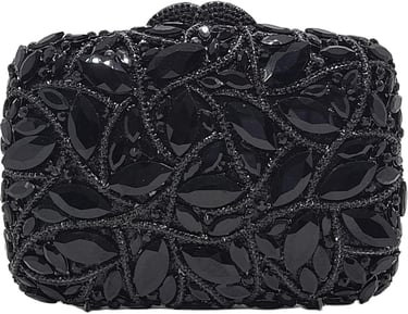 Little Black Tulle Dress Prom Look: Black Sparkling Crystal Clutch. Evening Box Handbag Purse