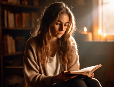 a woman sitting on a couch reading a book