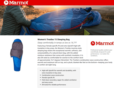 Marmot Trestles 15 hooded sleeping bag, best sleeping bag with hood for extra warmth