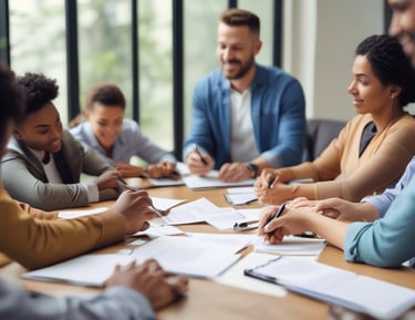 A smiling candidate receiving a job offer in a bright office.