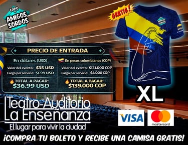 Promotional flyer for Expo Amigos Sordos event at Teatro Auditorio La Enseñanza featuring ticket prices and a free shirt.