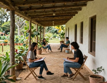 An engaging Spanish language class held outdoors surrounded by tropical plants.