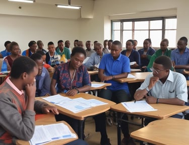 A group of people is gathered for a sensitivity training session, posing together for a photo. Many are wearing uniform-like attire in brown and yellow, and most are wearing face masks. They appear to be in a conference room with a banner behind them and portraits hanging on the wall.