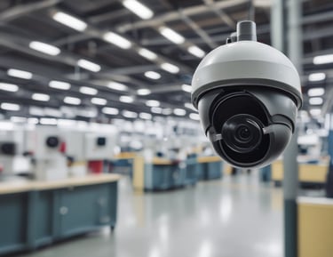 A trio of modern security cameras attached to a vertical metal pole, set against a backdrop of gray vertical lines, evoking an industrial and surveillance-themed setting.
