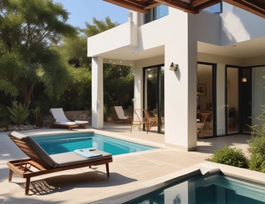 A rustic stone villa with multiple windows is complemented by a clear swimming pool in the foreground. The villa features a staircase leading up to an arched balcony, and is surrounded by lush greenery. A straw fringe parasol is partially visible, adding to the tropical ambiance.