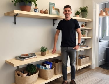 A man is working in a room with a marble-tiled wall and a window surrounded by metal frames. The man is wearing a gray shirt and white pants, using tools for what appears to be an installation or maintenance task. The ceiling is blue with several recessed lights.