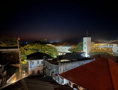 Night rooftop view of Stone Town Zanzibar with historic buildings and lights, 2025 travel guide
