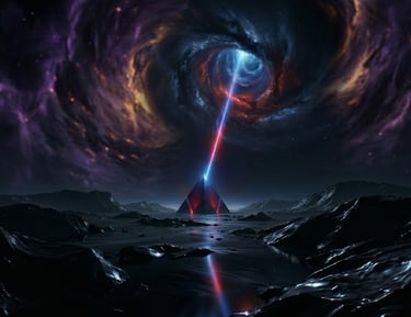 A futuristic pyramid on a dark planet shooting a laser beam into a swirling cosmic nebula.
