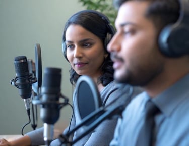 a man and woman in a recording studio