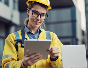 A close-up of a construction worker wearing a hard hat and gloves, gripping a yellow metal structure with a silver shackle. The image shows a focus on safety and attention to detail in a work environment.