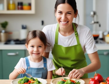 A group of young children is seated on small stools outdoors in an alleyway, attentively engaged with an adult woman standing nearby who appears to be teaching or talking to them. The scene is surrounded by various elements such as potted plants, a water cooler, parked motorcycles, and an arrangement of colorful items in the background. The children are wearing matching uniforms with white shirts and dark overalls.