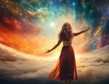a woman standing in front of a colorful sky filled with stars