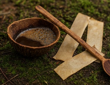 Handmade glue and bark strips on forest ground for wilderness toolmaking