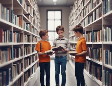 A modern library with two levels, featuring a vast collection of books neatly arranged on shelves. The upper level includes a walkway with individuals browsing the books. The lower level is a cozy seating area with people engaged in reading and conversation. The architecture includes wooden panels on the ceiling, glass railings, and plants adding a touch of greenery.