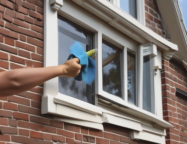 A person wearing protective gear, including a face shield and gloves, is power washing a sidewalk in an urban setting. Tall trees line the street, with a few people in the background walking along the sidewalk. The scene includes a road with light traffic and a prominent blue road sign.