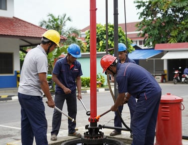 Construction workers in hard hats and safety gear performing industrial well drilling and maintenance.