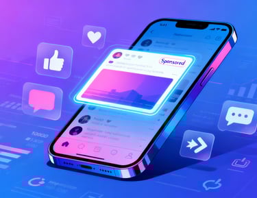 Professional illustration of a smartphone showing a sponsored social media post with engagement icons for likes, comments, an