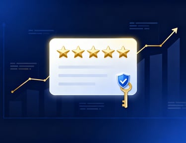 Premium illustration featuring a 5-star review card with a verified checkmark, upward rating graph, and positive feedback, sy
