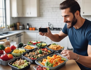 A person wearing a white sports bra and black leggings is sitting on a green bench beside a chain-link fence. They are holding a rectangular food container filled with a meal consisting of greens and cooked meat. A clear bottle with a black cap is placed next to them on the bench. The setting appears to be outdoors with a natural background of leaves and twigs.