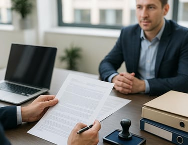A businessman reviewing a legal contract and resume during a professional job interview in a modern office.