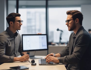 A modern office setting with a team collaborating on a website project.