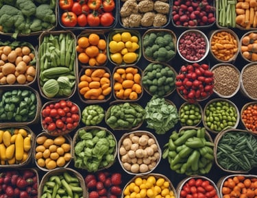An aerial view of a lush, green agricultural field situated on a hillside, with rows of crops and several palm trees scattered throughout. In the distance, there is a dense forested area and hints of a city skyline under a clear blue sky. A small building or shed is visible near the crops.