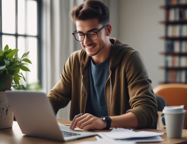 man wearing headphones while sitting on chair in front of MacBook