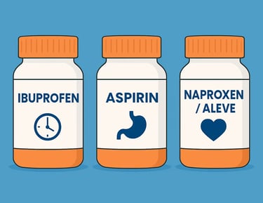 Comparison of Ibuprofen, Aspirin, and Naproxen pill bottles for pain relief, inflammation, and side effects
