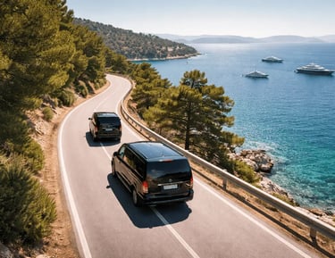 Two black Mercedes Vito minivans driving along the Athens Riviera coast with luxury yachts