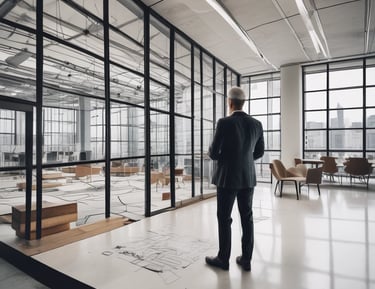 Architectural blueprint and 3D model on a desk with tools.