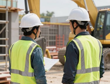 A project manager discussing with team members over a site plan at a construction project.