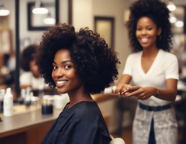 Image of a friendly female hairstylist with long hair holding scissors and comb.