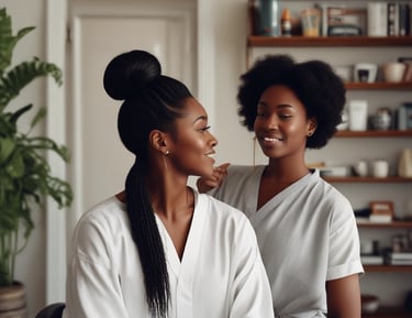 Image of a friendly female hairstylist with long hair holding scissors and comb.